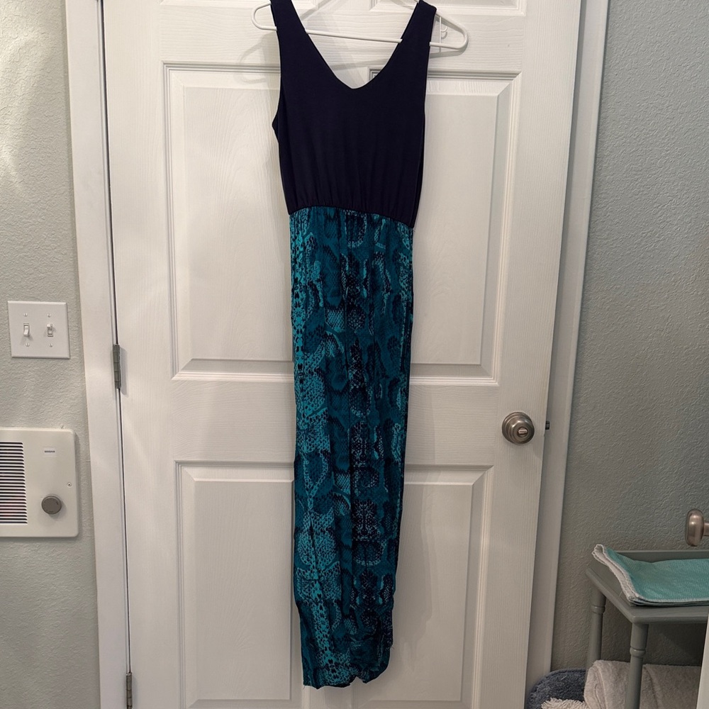 Faded Glory Navy Bodice Teal Snake-Print Maxi Dress
